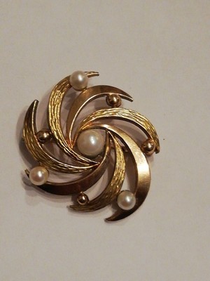 Broche Vintage Plaqué Or FIX Art Déco Avec Perles - 3,5x3 Cm - France