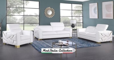 GENUINE Italian Leather White Gold 3PC Modern Sofa Loveseat Chair Living Room