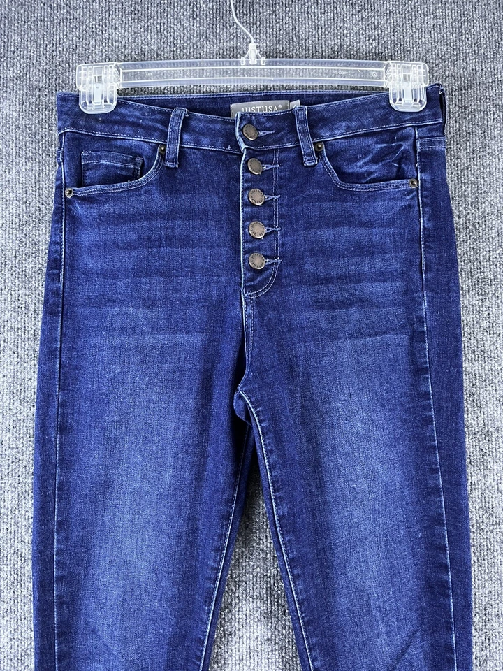 Pantalones de mezclilla Just USA para mujer 6 ajustados tiro alto botones mosca lavado oscuro dobladillo crudo Foto 3 de 4
