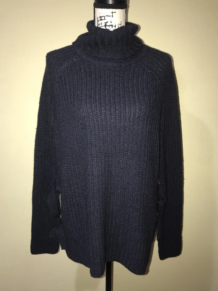 UGG Ceanne Turtleneck Chunky Knit Sweater Sz M $168 Navy Blue Side Tie S5