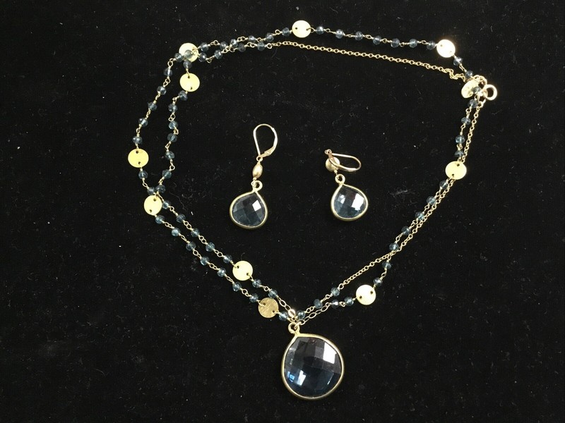 Athena Designs Stunning Blue Crystal Necklace and Earrings Set Gold Filled