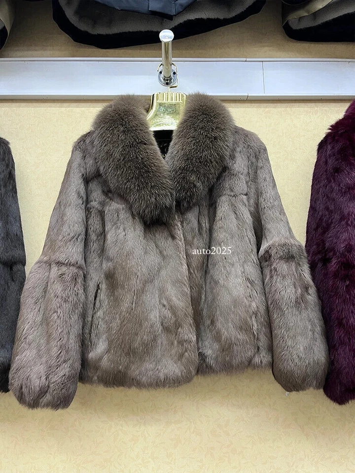 Real Rabbit Fur Coat with Fox Fur Collar Jacket Full Pelt Rabbit Fur Overcoat - Image 3 of 4