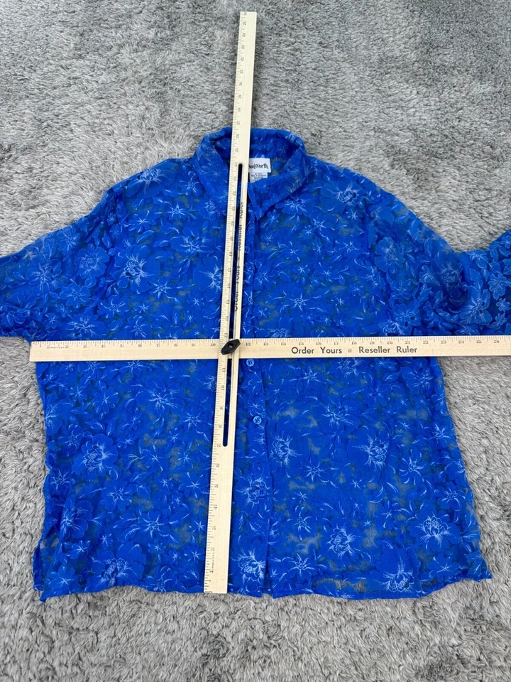 BonWorth Top Womens Large Petite Royal Blue Floral Sheer Nylon Button Up Blouse - Image 4 of 4