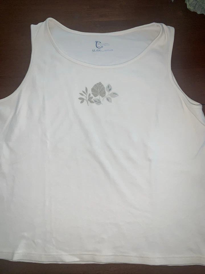Camiseta sin mangas Classic Elements para mujer XL pulóver de algodón con patrón de hojas marfil Foto 2 de 3