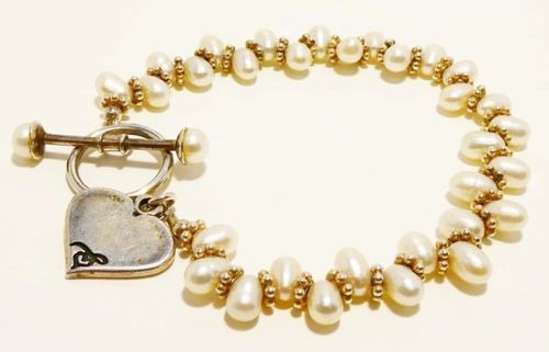 Vintage 925 SILVER PEARL & HEART BRACELET Cuff Bangle Bracelet 7.5" - Picture 2 of 7