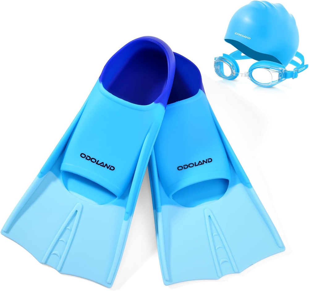 Kids Swim Fins Set, Swimming Training Flippers, Swim Goggles and Cap, Swim Pool