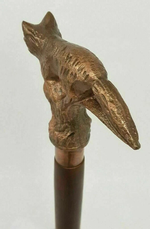 Antiguo bastón de madera estilo bastón cabeza de zorro vintage mango de metal cobre Foto 3 de 4
