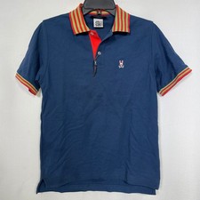 Psycho Bunny Navy Blue Red Green Stripe Collar Cuffed Polo Shirt Youth XL 18/20