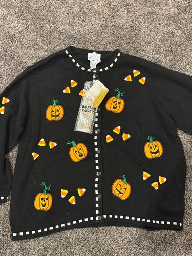 The Quacker Factory Sweater Women's Size 2X Black Pumpkin Candy Corn Halloween