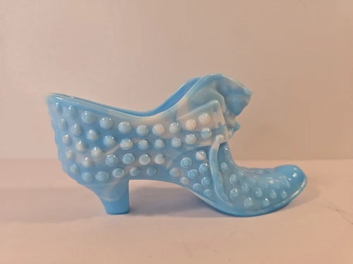 Vintage Fenton Hobnail Sky Blue Slag Glass Slipper High Heel Shoe