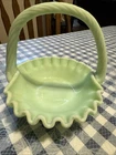 Vtg Fenton Basket: Persian Medallion Satin Uranium Green Glowy Glass Basket