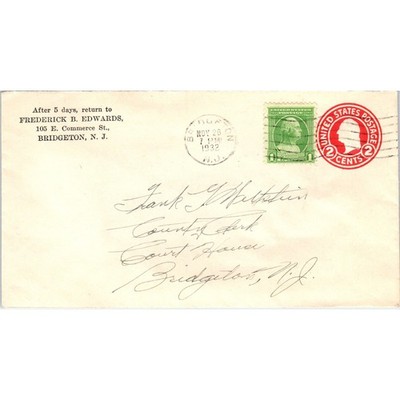 1932 Frederick B. Edwards Bridgeton NJ Postal Cover Envelope TG7-PC3