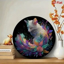 2D Flat, Handmade-Style Aluminum Foil Wall Art - 7.87 Round Iridescent Fox & Flo