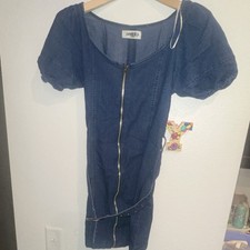 LOVE 83 Jeans Blue Denim Mini Dress Puff Sleeve Zip Front Belted Size S