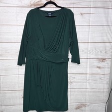 Chaps Womens Dark Green Faux Wrap Draped Sheath Dress 3/4 Sleeve Size 1X