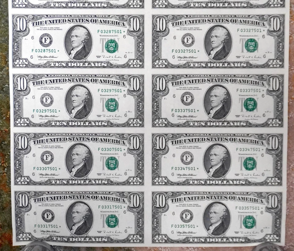 1995 UNCUT SHEET OF 16 - 1995 $10 STAR NOTES, ATLANTA DISTRICT - Image 3 of 4