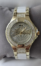 Damen Armbanduhr analog rund Gold/Weiß Metallarmband Strass Logo