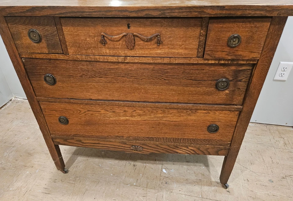 Antique Tiger Oak Vanity Dresser Chest of Drawers w Attached Mirror NICE - Image 2 of 4
