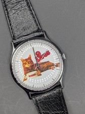 Reloj Timex 9 Lives Cat Morris 1986 vintage publicidad correa de cuero ¡funcionando!