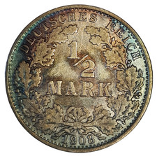DEUTSCHES KAISERREICH 1/2 HALBE MARK 1908 A SILBER