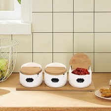 Set of 3 Spice Jars Kitchen Ceramic Seasoning Organizer Box  with Lids & Spoons
