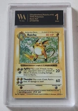 WAG Graded 1 Slab 1999 Pokemon Game Base Set Shadowless Raichu Holo #14