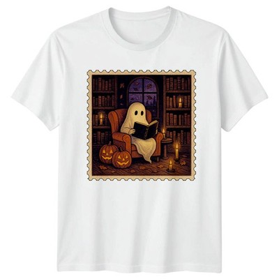 Ghost Reading Book Halloween Herren Damen T-Shirt Grafik Tee Cozy