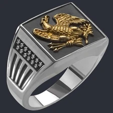 American Usa Eagle Ring 925 Silver 18K-Gold-Plating Ring Military Patriot Biker
