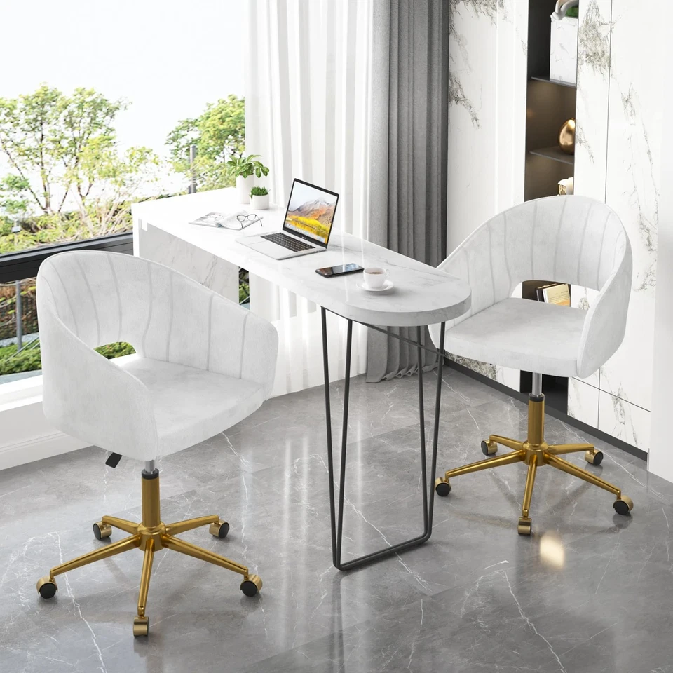 Juego de 2 sillas acento de terciopelo, silla vanidad con respaldo bordado base dorada, alta... Foto 3 de 4