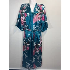 BABEYOND Teal Peacock Floral Kimono Robe Women's Satin Loungewear Sleepwear NWT