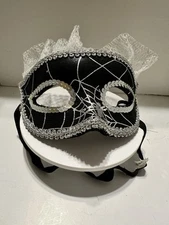 Mardi Gras Jester Black Mask Silver Lace Masquerade Halloween Burlesque