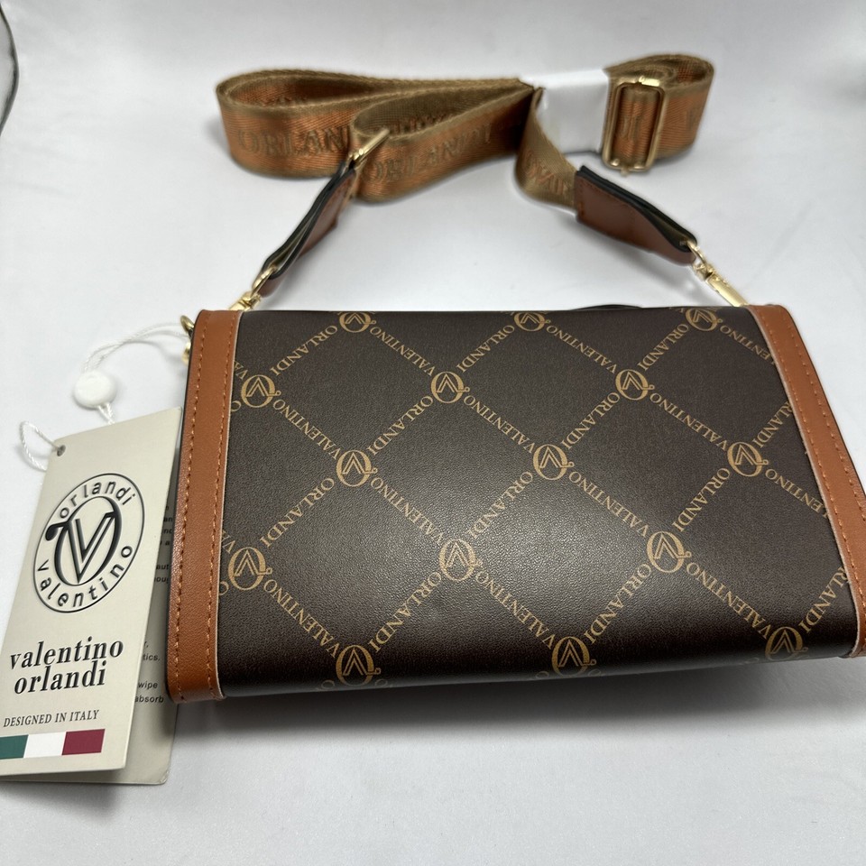 Valentino Orlandi Brown Vegan Leather Crossbody Bag Wide Logo Strap NWT
