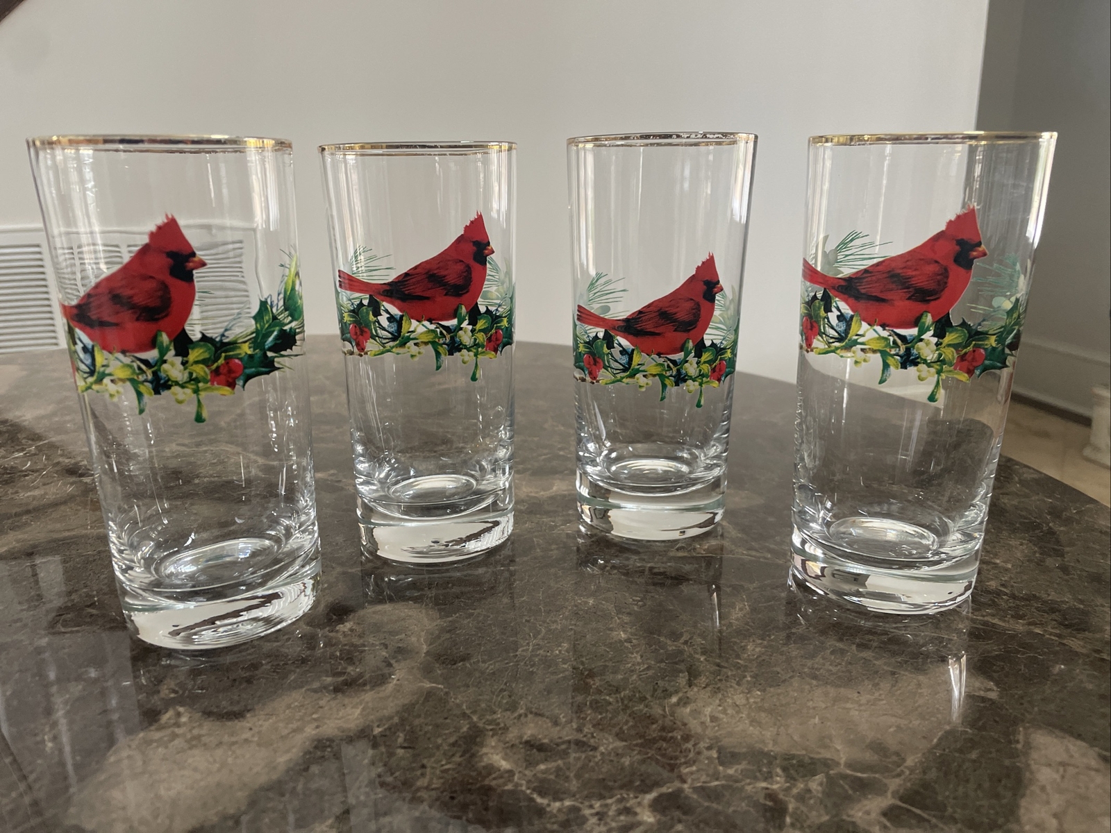 LENOX Winter Greetings Highball Glasses Set of 4 with Gold Rim Cardinal Design