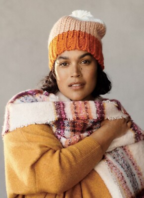 Anthropologie Colorblock Pom Beanie Orange Tan Cream Chunky  display picture 3