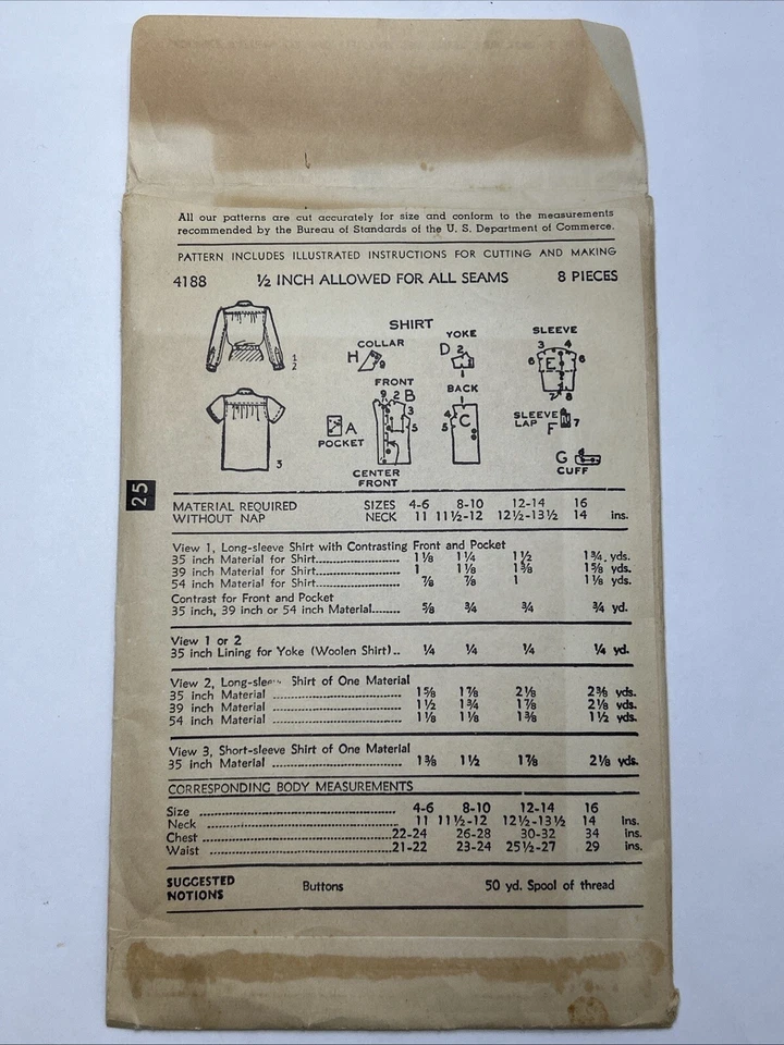 Vintage 1940s Advance Pattern 4188 Boys Shirt Size 12-14 Neck 12-1/2 -13-1/2 AP3 - Image 2 of 4