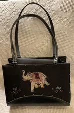 Unique Vintage Black Double Handled Handbag w/ Appliqué Elephant Bling Beads