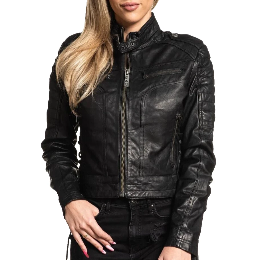 Affliction Mujer Negro Premium COLA NEGRA Edición Limitada. Chaqueta de cuero PEQUEÑA NUEVA CON ETIQUETAS Foto 2 de 4
