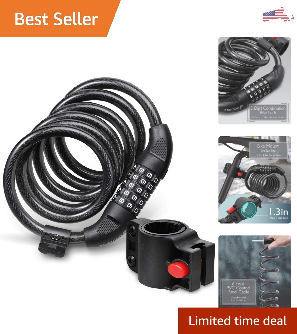 Heavy-Duty Bike Lock Cable Feet 5-Digit Combination Code