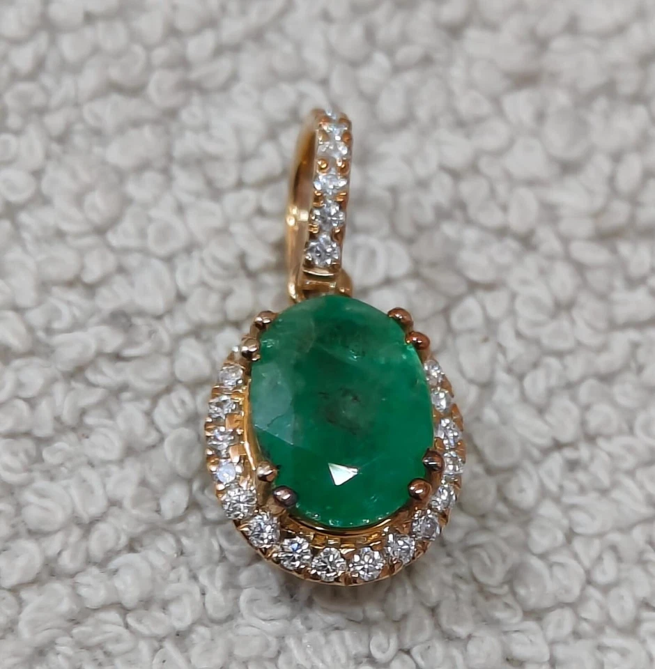 10k Gold Natürlich Sambianischer Smaragd & Diamanten Anhänger Schmuck - Bild 3 von 4