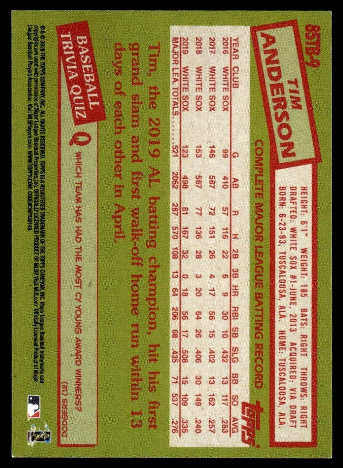 2020 Topps 1985 35th MINI Tim Anderson Chicago White Sox #85TB-9 - Image 2 of 2