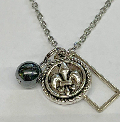Fleur De Lis Round Charm Hematite Bead NECKLACE French 20  Stainless NEW