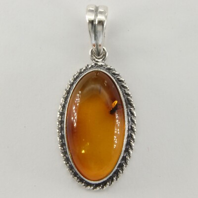 Cognac Brown Oval Fly inclusion BALTIC AMBER Pendant 925 STERLING SILVER #1036