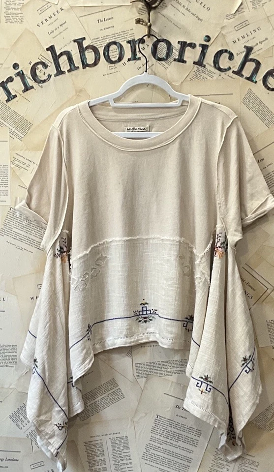 Camiseta Free People Keeping It Folk Bordada Floral Dobladillo Alto Fray Bronceado Combo S NUEVA Foto 4 de 4