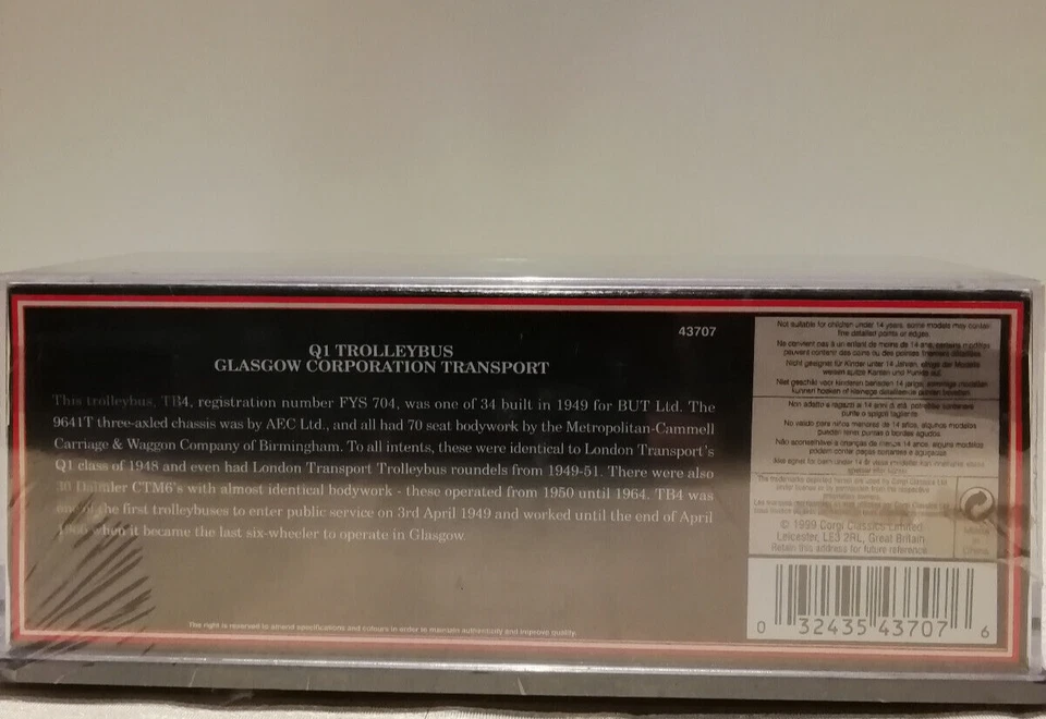Corgi 1:76 BUT (Leyland / AEC) Omnibus Q1 Trolleybus OOM43707 Glasgow Co. OVP - Bild 3 von 4
