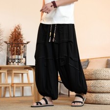 Men Loose Fit Casual Wide Leg Pleated Pants Elastic Waist Chinese Style Trousers