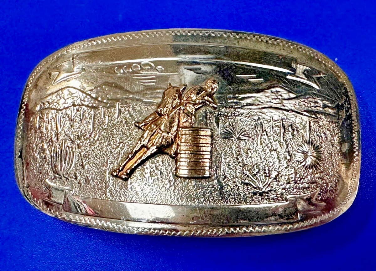 Vintage BARRLE RACING Trophy Belt Buckle & Belt Stamped Mexico Silver Gold Blank Vintage Blank Trophy Award Barrel Racing Belt Buckle By  main image 4