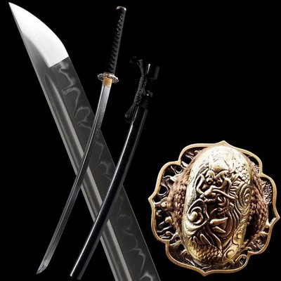 Black Katana Sword Real Hamon Clay Tempered T10 Steel Razor Sharp Brass Tsuba