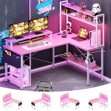  L Shaped Gaming Desk with Power Outlets & LED Lights, Small L- 49Inch Pink