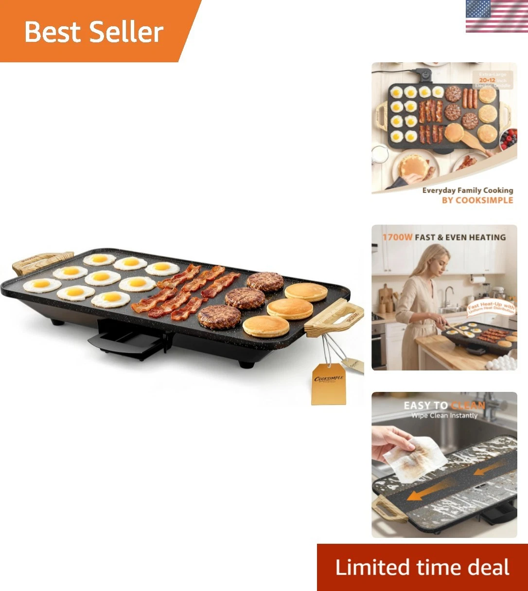 CookSimple Everyday 20"x12" Electric Griddle–1700W Nonstick ILAG Granite Surf...