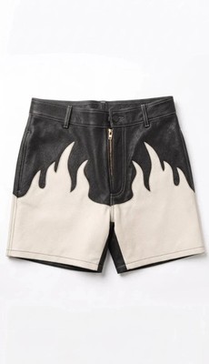 Unisex Black White Flame Genuine Leather Shorts, Streetwear Leather Shorts Pants